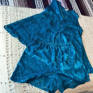 Victoria's Secret Lingerie Two Piece Pajama Intimate Set Blue Green